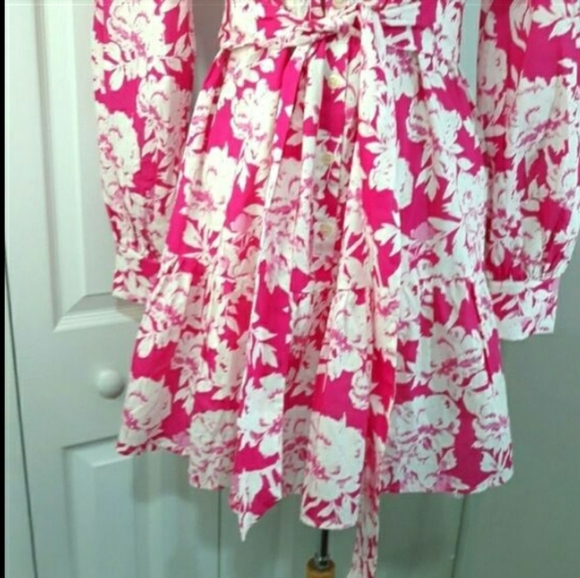 Flying Tomato 100% Cotton Floral Pink Dress Long-Sleeve Belted Flattering Small - Picture 6 of 14